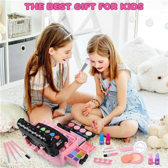 54 Pcs Kids Makeup Kit for Girls,  Washable Cosmetic Set Toys with Mirror (Pink) - Picture 6 of 6